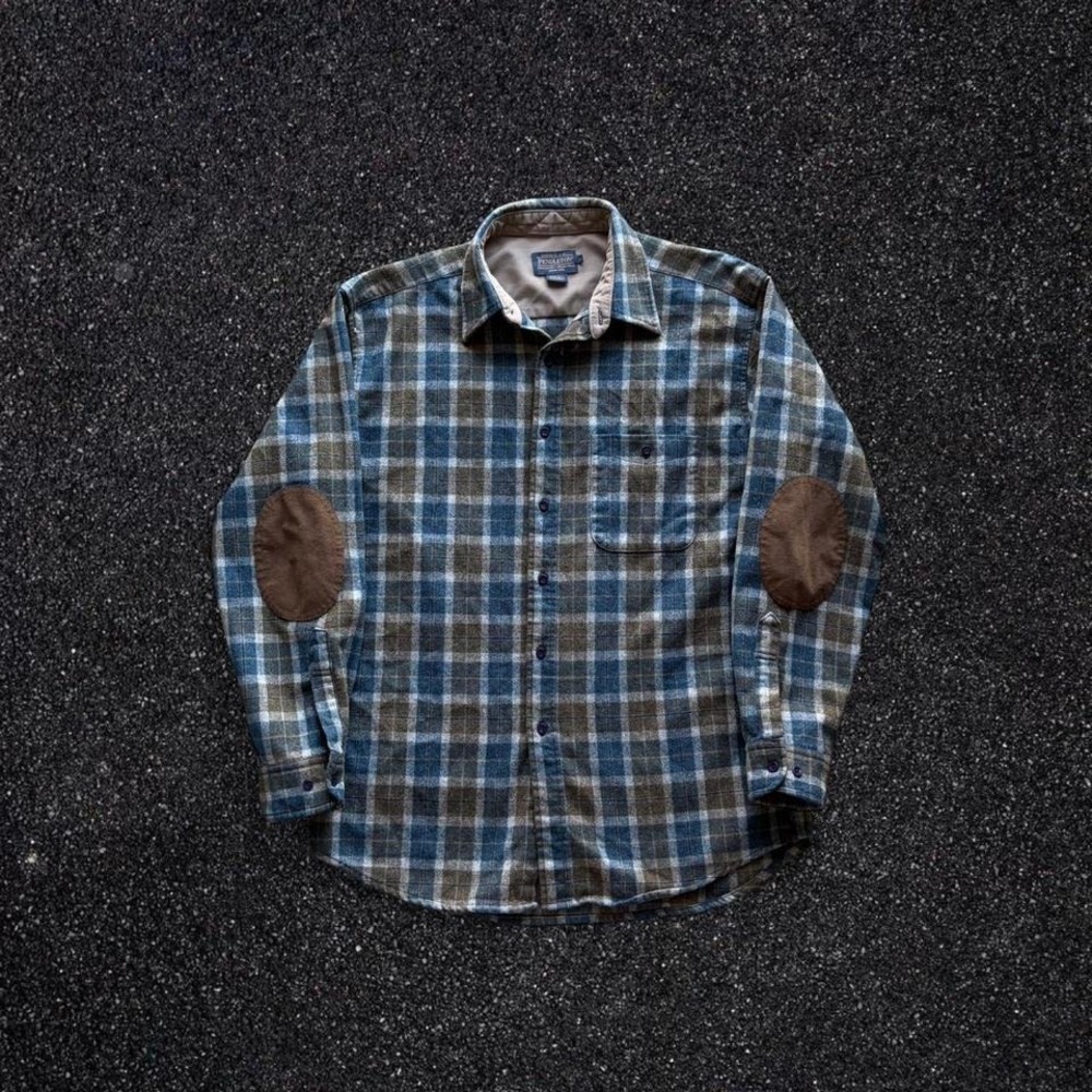 Pendleton Mens Plaid Flannel Shirt Blue Brown Elbow Patches Large Wool Blend